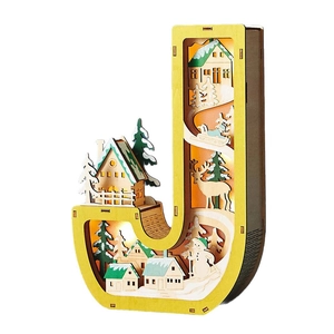 Letter J wooden LED ornament with hollow winter forest scene for festive decor