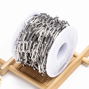 Polished stainless steel silver paperclip chain roll on white spool for DIY jewelry