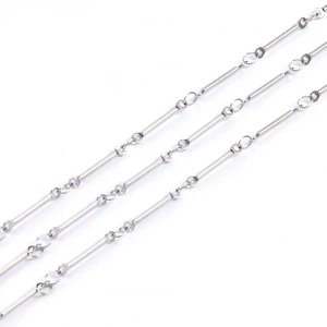 Minimalist silver stainless steel bar chain with industrial style links shown in 45-degree angle