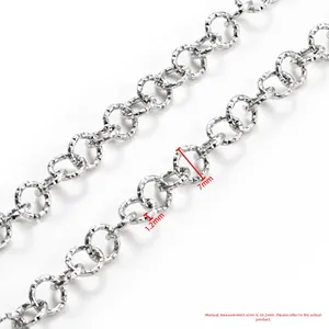 Polished silver stainless steel link chain with 7mm textured round rings for DIY jewelry