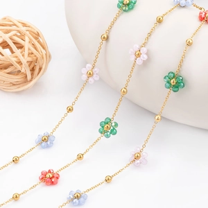 Stainless Steel Colorful Crystal Flower Chain Gold Plated Beads For DIY Necklace Bracelet Handmade Jewelry Making Accessory