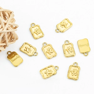 Stainless Steel Butterfly Square Pendant 18K Gold Plated Beauty Letter Engraved Charms For DIY Necklace Bracelet Making