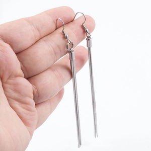 Long stainless steel tassel earrings featuring multiple snake chains and ear hooks