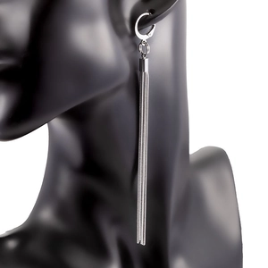 Macro shot of long silver stainless steel tassel earrings with vertical snake chains
