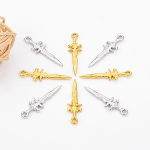 Eight vintage stainless steel sword pendants in gold and silver for DIY jewelry making