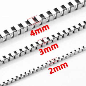 Polished stainless steel box chains in 2mm, 3mm, and 4mm width sizes for DIY jewelry