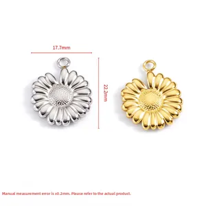 Detailed size view of daisy-shaped stainless steel pendants in gold and silver finish
