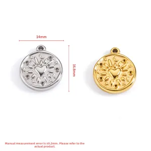 Detailed macro view of 14mm heart and moon relief charms in gold and silver finish