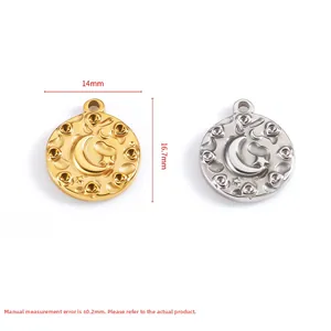Detail of 14mm sun and moon pendants in gold and silver steel for jewelry making