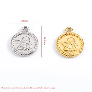 Detail view of 16.9mm round angel relief charms in polished gold and silver finishes