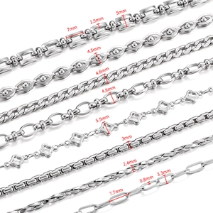 Stainless steel chains including clover and cross links with detailed size specifications