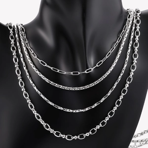 Detail of layered stainless steel silver chains on black neck mannequin display