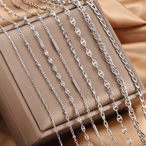 Polished silver stainless steel link chains in various styles on satin background