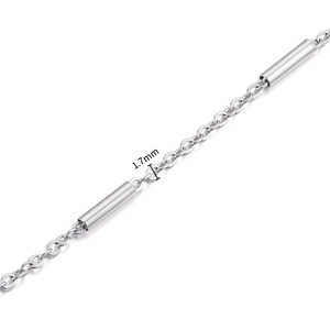 Macro detail of 1.7mm stainless steel link chain with cylindrical tube connectors