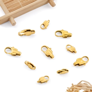 Detailed view of ten golden stainless steel lobster clasps for DIY jewelry making