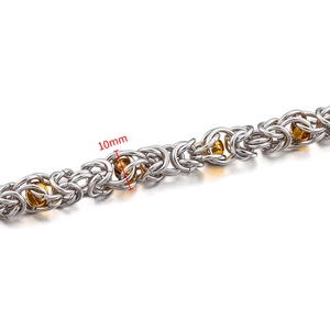 10mm wide stainless steel byzantine chain bracelet with amber decorative beads
