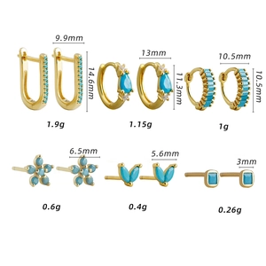 S925 sterling silver earring set with turquoise zircons in various geometric shapes