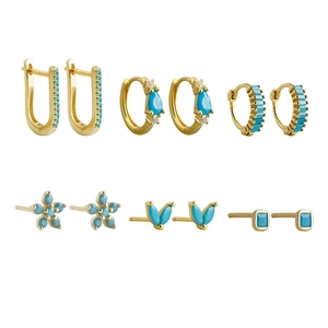 6-piece gold-plated S925 silver earring set with turquoise zircon in bohemian styles