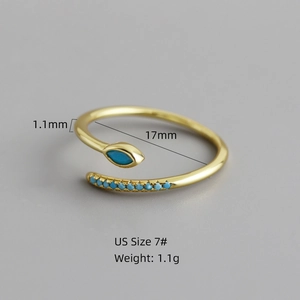 Elegant gold S925 sterling silver open ring with blue marquise and round zircon stones