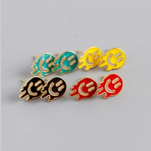 Close-up of colorful dripping smiley face S925 silver stud earrings in four vibrant colors