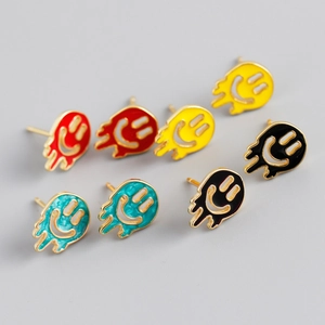 925 Sterling Silver Melting Smiley Face Enamel Stud Earrings Unique Fashion Street Style Colorful Drip Oil Jewelry For Women