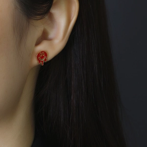 S925 sterling silver melting smiley face stud earring with red enamel and gold finish