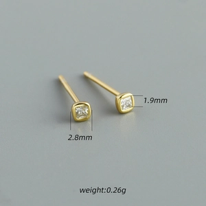 Minimalist S925 sterling silver square stud earrings with clear cubic zirconia in gold