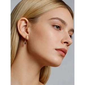 Elegant gold S925 silver hoop earrings with black marquise drop stones for women