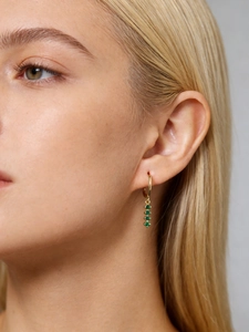 Gros plan de boucles d'oreilles dorées avec pierres vertes portées par un mannequin