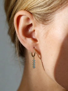 Gros plan de créoles dorées avec quatre perles turquoise bleu clair sur le mannequin
