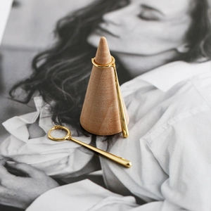 Gedetailleerde weergave van minimalistische gouden oorbellen met lange staven op hout