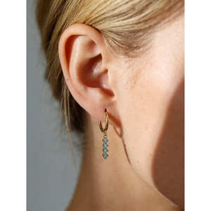 Boucles d'oreilles cercle doré avec quatre perles turquoise sur un mannequin femme