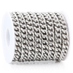 Polished silver stainless steel Cuban link chain on a roll for DIY jewelry making