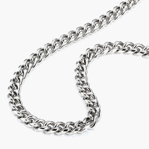 Polished silver stainless steel Cuban link chain necklace in a curved hip hop style