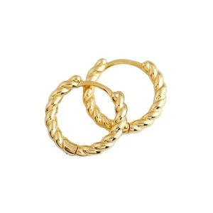 Minimalist twisted rope texture gold huggie hoop earrings with polished metallic finish