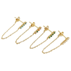 S925 sterling silver tassel chain earrings with colorful zircon stones in gold finish