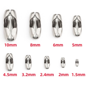 Various sizes of stainless steel ball chain connectors from 1.5mm to 10mm in silver