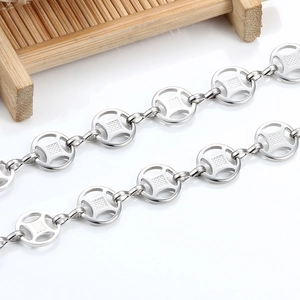 Macro shot of silver stainless steel chain with Chinese coin design on white surface
