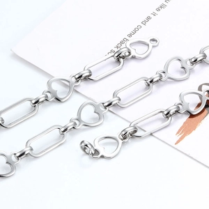 Polished stainless steel chain with heart and rectangular links for DIY jewelry making