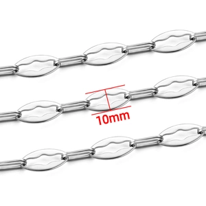 Industrial 10mm stainless steel chain with unique wave patterned oval links and triple connectors