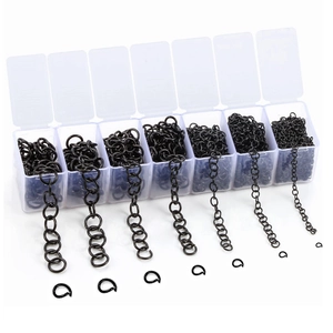 7-size black stainless steel jewelry chain set with open jump rings in a clear box