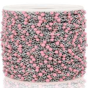 Rollo de cadena de acero inoxidable con cuentas de esmalte rosa para creación de joyas DIY