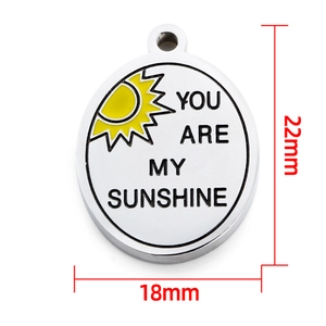 Polished stainless steel sun pendant with You Are My Sunshine quote, 22x18mm size