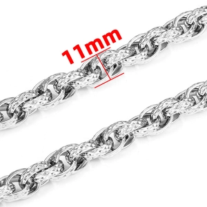 11mm wide diamond-cut stainless steel twist rope chain necklace with silver finish