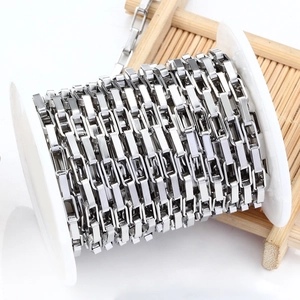 Minimalist silver stainless steel long box chain on white spool for DIY jewelry making