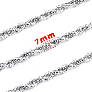 7mm silver stainless steel rope chain necklace with a textured spiral twist for men and women