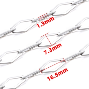 Industrial stainless steel rhombus chain necklace with detailed size measurements