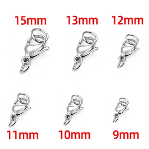 Polished stainless steel lobster clasps in 9mm to 15mm sizes for jewelry making