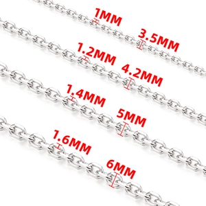 Stainless steel O-chain necklace links in four sizes ranging from 1mm to 1.6mm thickness