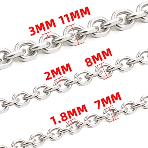 Macro view comparing 1.8mm to 3mm stainless steel cross chains with polished link details